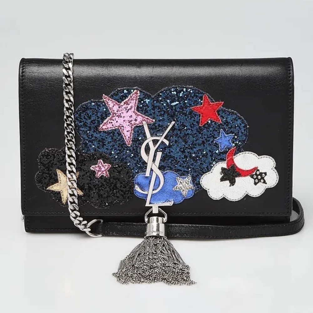 YSL Black Smooth Leather Cloud Star Applique Kate Tassel Bag